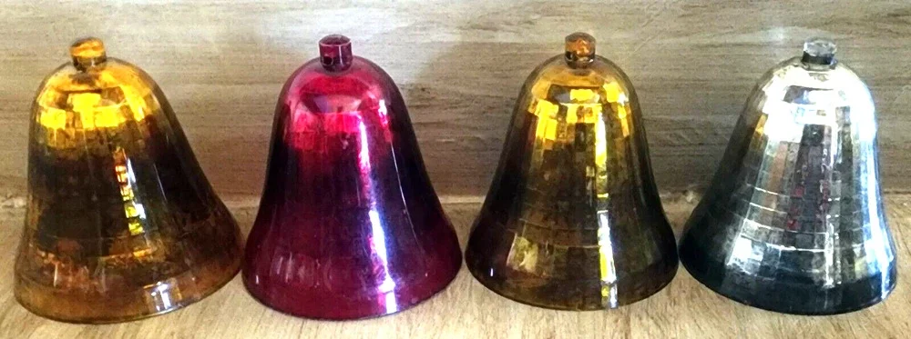 Christmas PLASTIC BELL Ornaments Silver Gold & Red Prism Pattern Lot Of 4